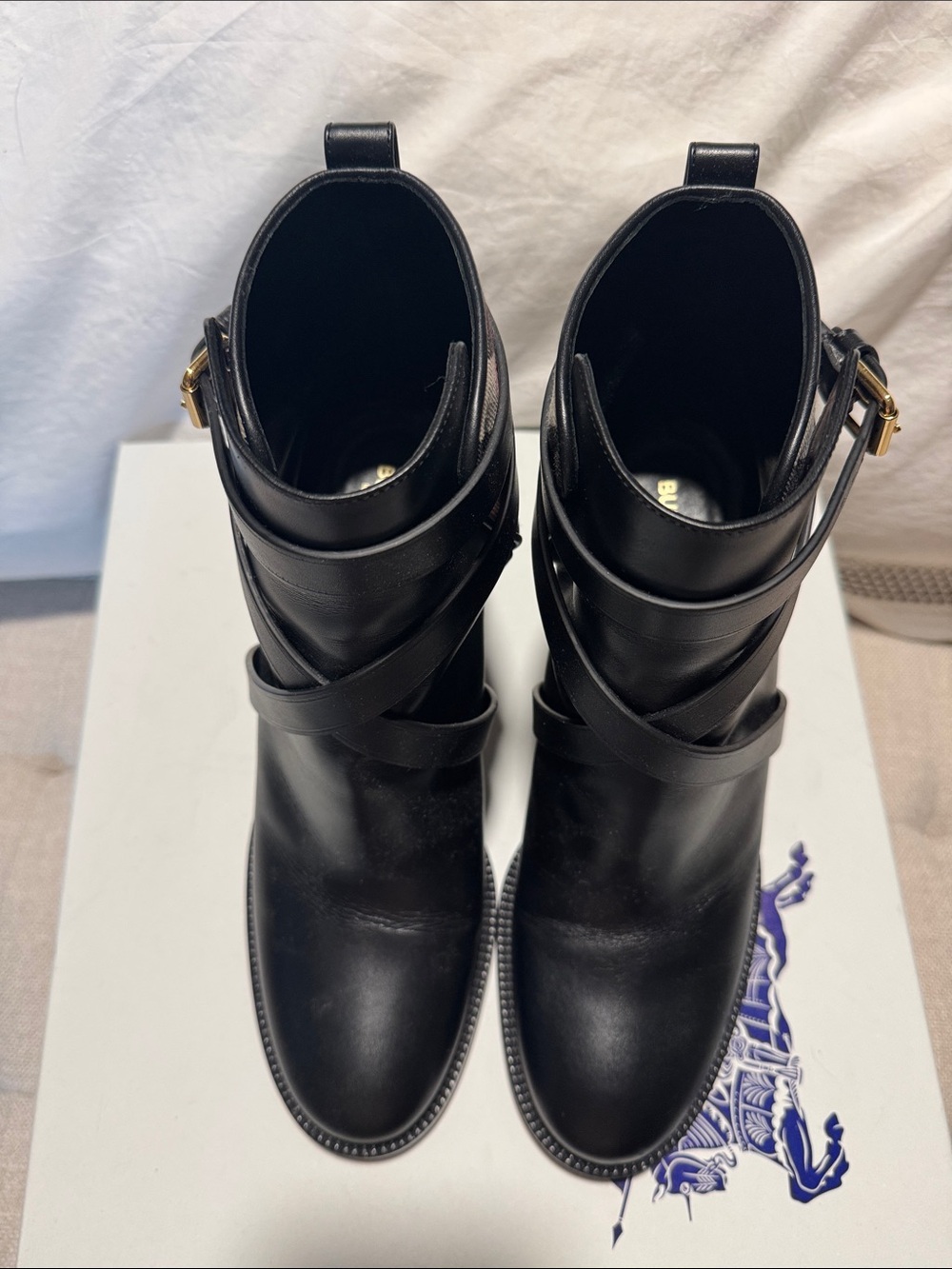 Burberry Black Leather Ankle Boots with Checkered Accent - Picture 6 of 6